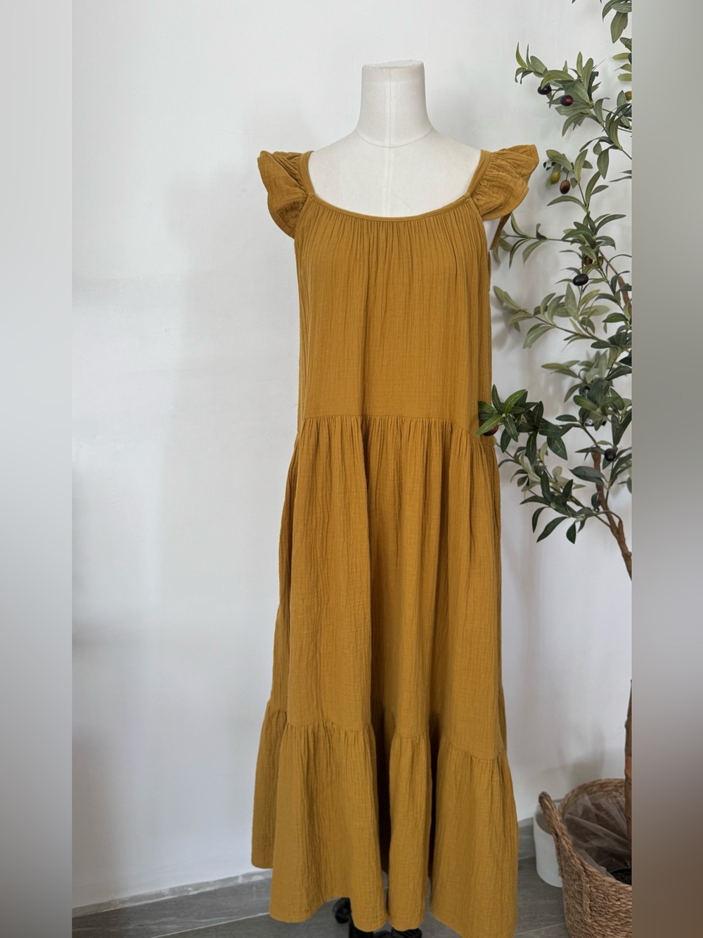 Rylee + Cru Mustard Cotton Tiered Maxi Dress Ruffle Sleeve Boho Cottagecore - S